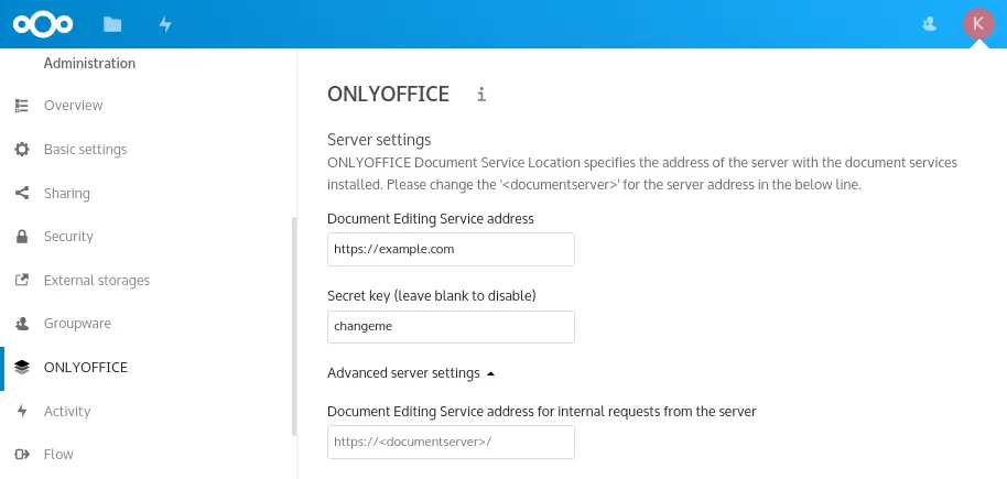 onlyoffice settings within