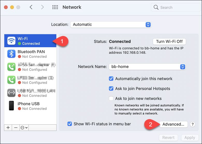 Configuring advanced network settings in macOS.