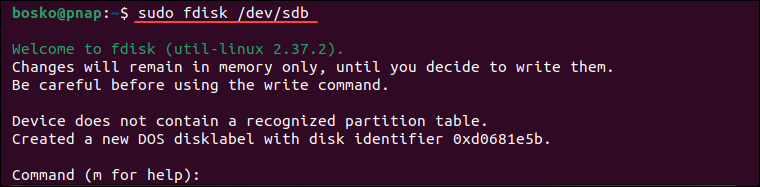 Opening fdisk for a disk that needs to be partitioned.