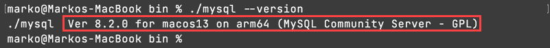 output-from-dot-mysql-version-mysql-version-on-macos-1 Using the mysql command to check the MySQL version. The command has not yet been added to the path.