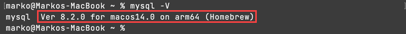 output-from-mysql-v-mysql-version-on-macos-1 Using the mysql command to check the MySQL version.