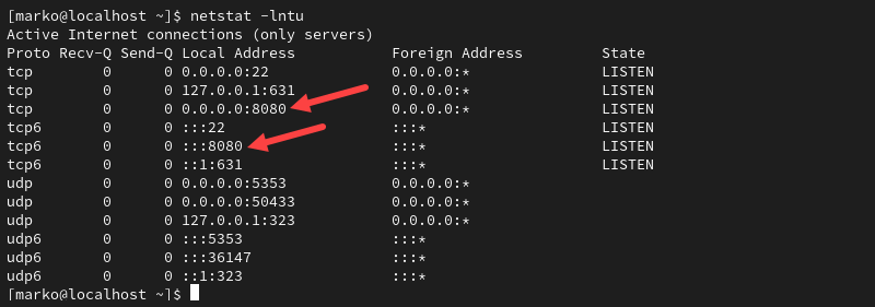 Viewing open ports with the netstat command.