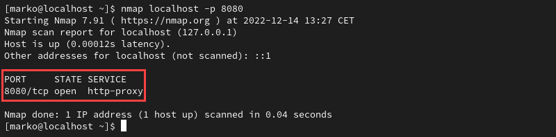 Using the nmap command to see port status in linux.