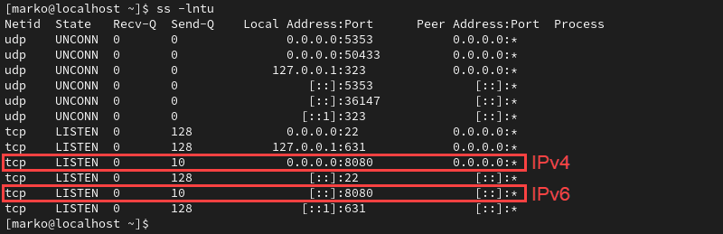 Viewing open ports with the ss command.