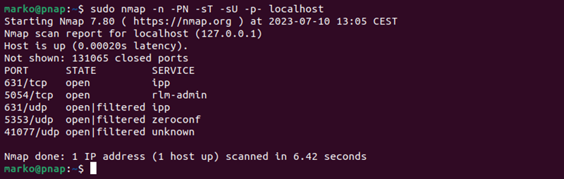 Checking open ports with the nmap command.