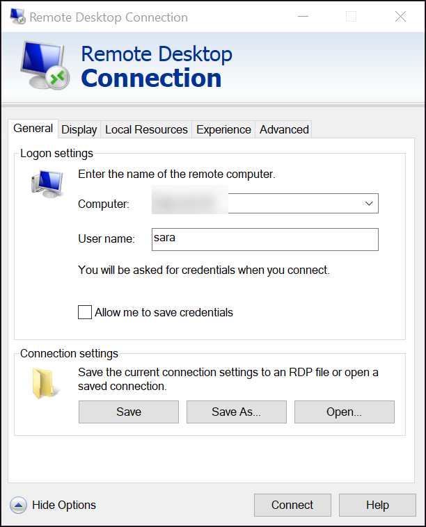general settings for Remote desktop connection.