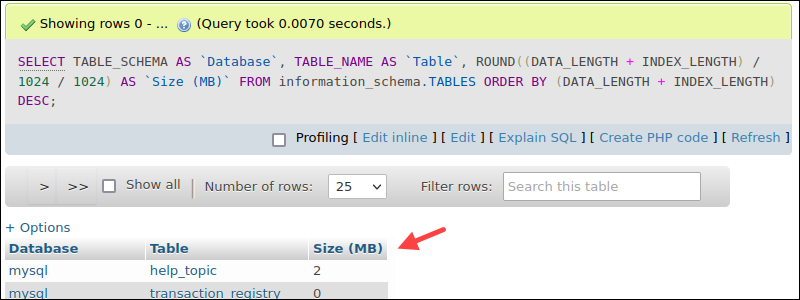 Output of all table size query in phpMyAdmin