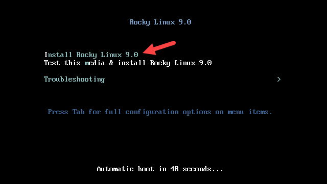 Rocky Linux 9 installation menu.