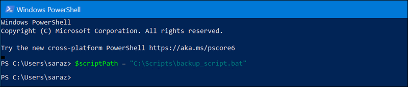 $scriptPath = "C:Scriptsbackup_script.bat" terminal output