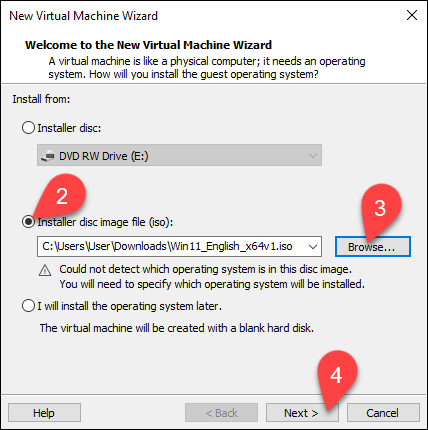 Selecting an installer disc image file.