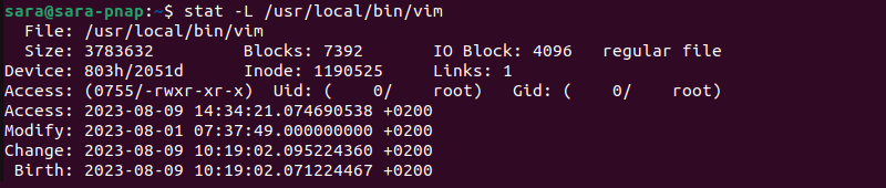 stat -L usr/local/bin/vim terminal output