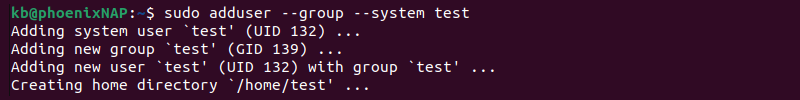 sudo adduser group system test terminal output