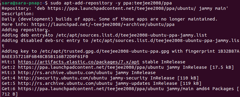 Terminal output for sudo apt-add-repository -y ppa:teejee2008/ppa