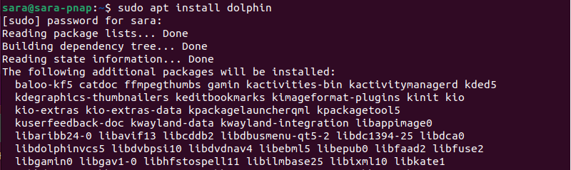 Terminal output for sudo apt install dolphin