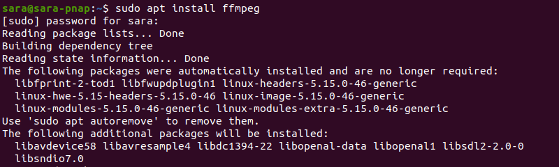 sudo apt install ffmpeg terminal output