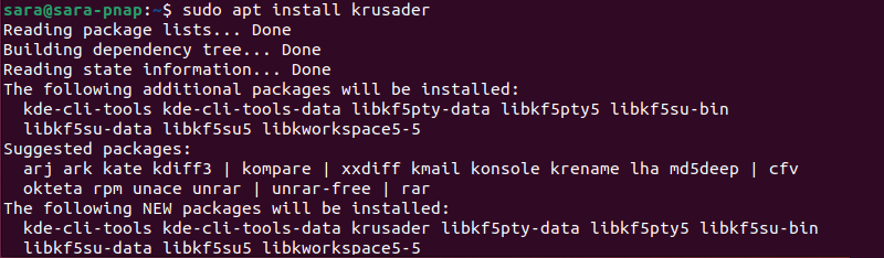 Terminal output for sudo apt install Krusader
