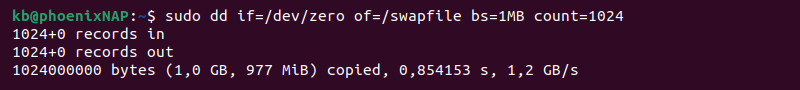 sudo dd swap file creation terminal output