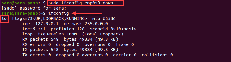 sudo ifconfig enp0s3 down verification terminal output