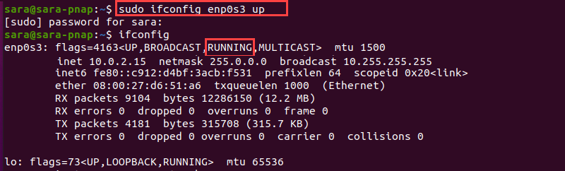 sudo ifconfig enp0s3 up verification terminal output