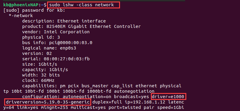 sudo lshw -class network terminal output
