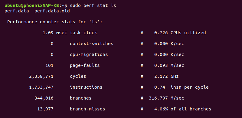 sudo perf stat ls terminal output