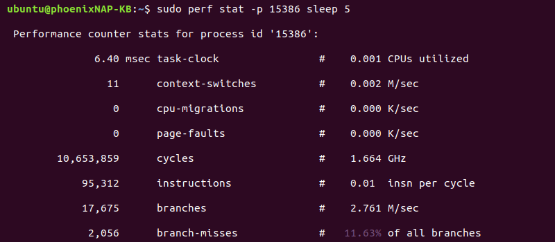sudo perf stat -p process id terminal output