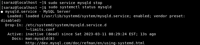 sudo service mysqld stop and sudo service mysqld status terminal output