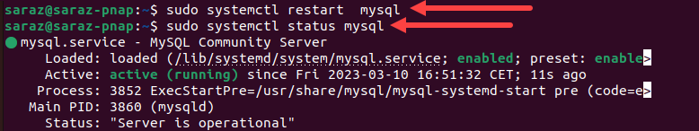 sudo systemctl restart mysql and sudo systemctl status mysql terminal output