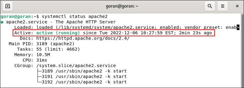 Status of Apache web server on Debian 11.