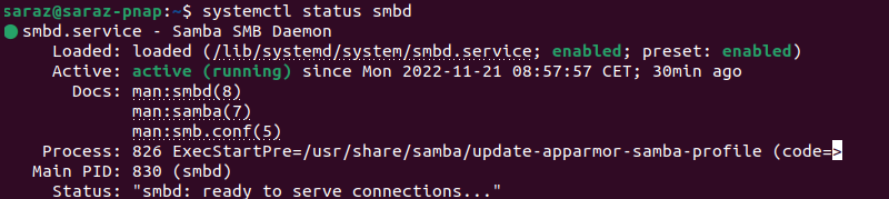 systemctl status smbd terminal output