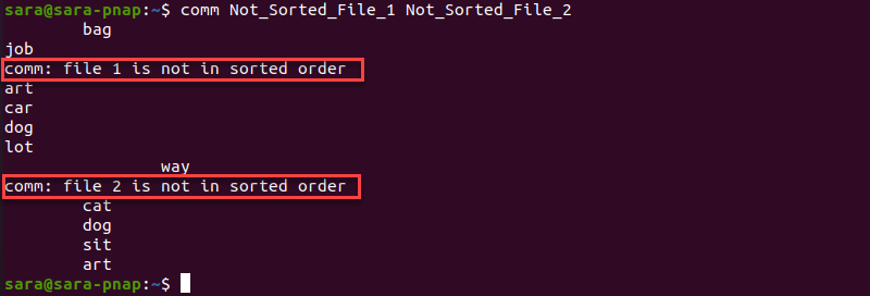 The Comm Command Not Sorted Files Terminal Output