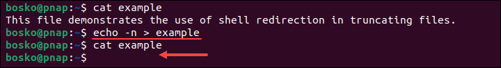 Truncating a file through shell redirection and the echo command.