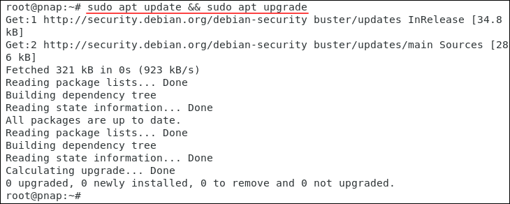 Updating and upgrading Debian 10 repository and packages.