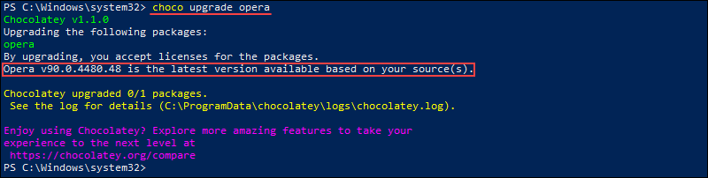 Upgrading a package with Chocolatey.