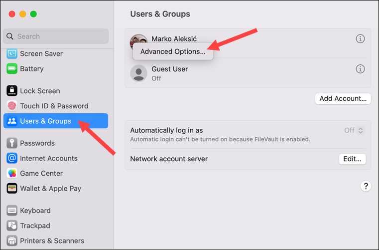 Finding advanced user options in System Settings on macOS.