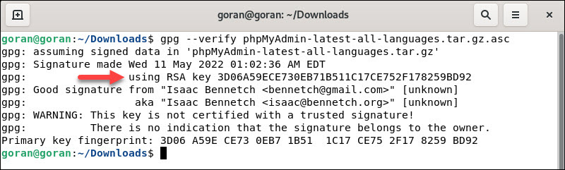 Output with the GPG key that verifies the downloaded files