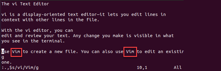 Vim Substitute Command With the Dot and Dollar Sign Command Terminal Output