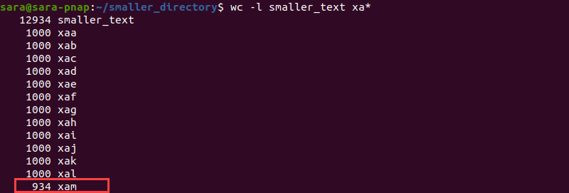 wc l smaller text split files terminal output