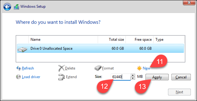 Creating partitions using the unallocated space in the Windows 11 installer.