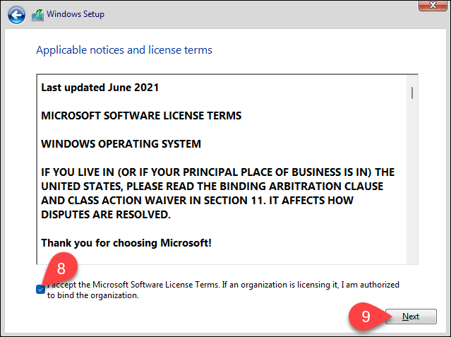 Applicable notices and license terms window in Windows 11 installer.