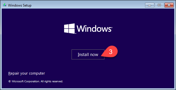 The Install now button in the Windows 11 installer.