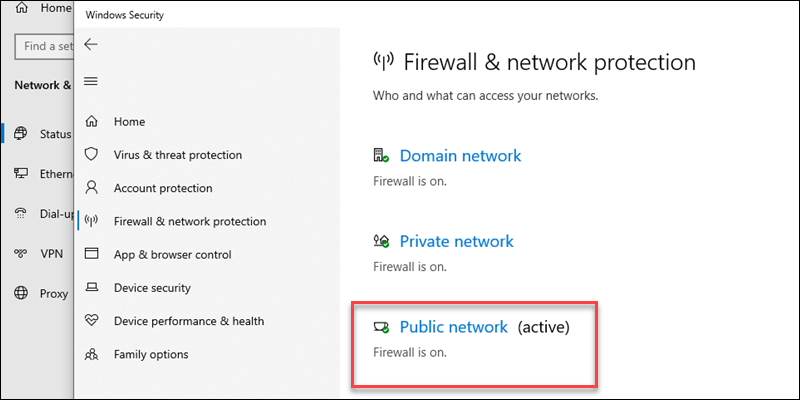 Windows Security Public network (active)