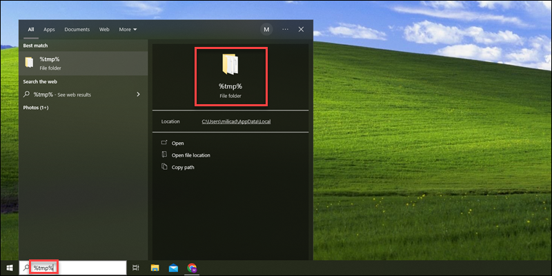 Windows start search %tmp% folder