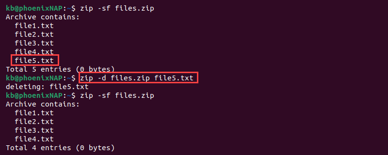 zip -d delete files terminal output