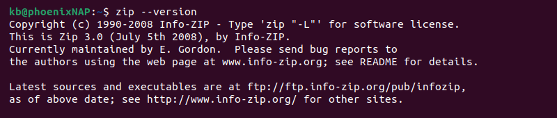 zip --version terminal output