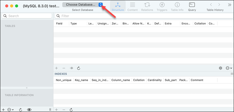 The location of the Choose Database dropdown menu in the database window of Sequel Ace.