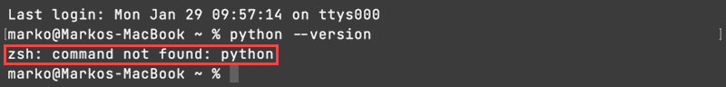 Checking the installed Python version. The command shows Python is not installed on the system.