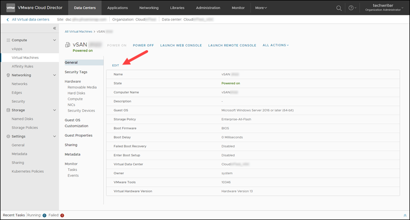 Edit VM configuration VDC