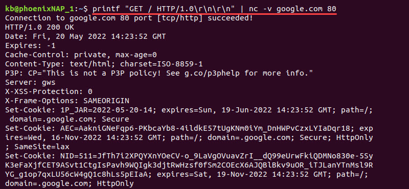 google nc http request response terminal output