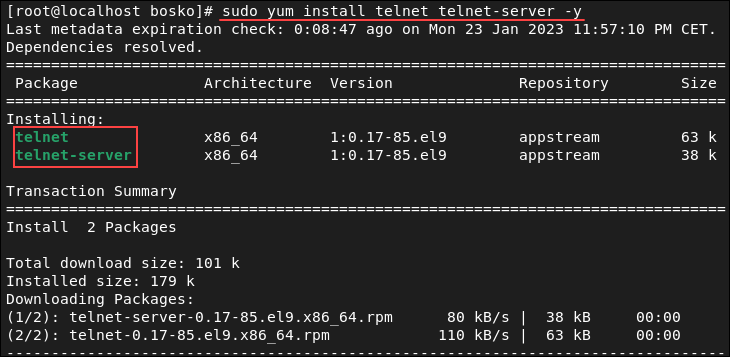 Installing telnet on RHEL-based Linux distros.
